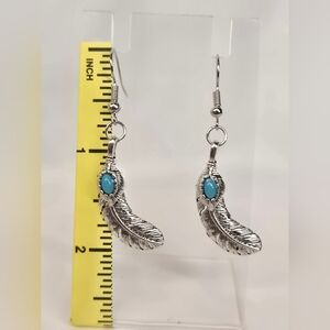 Faux Turquoise and Silver Feather Earrings